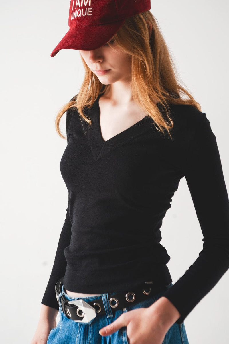 Q2 Women's Sweater V Neck Fine Knit Jumper in Black
