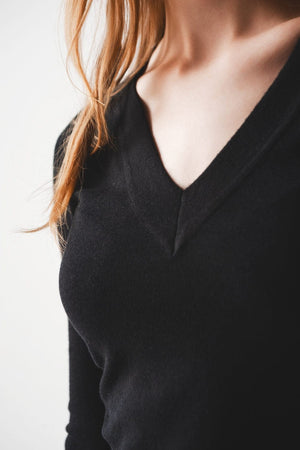 Q2 Women's Sweater V Neck Fine Knit Jumper in Black