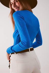 Q2 Women's Sweater V Neck Fine Knit Jumper in Blue