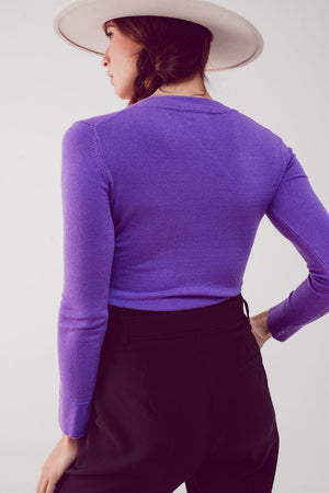 Q2 Women's Sweater V Neck Fine Knit Jumper in Purple