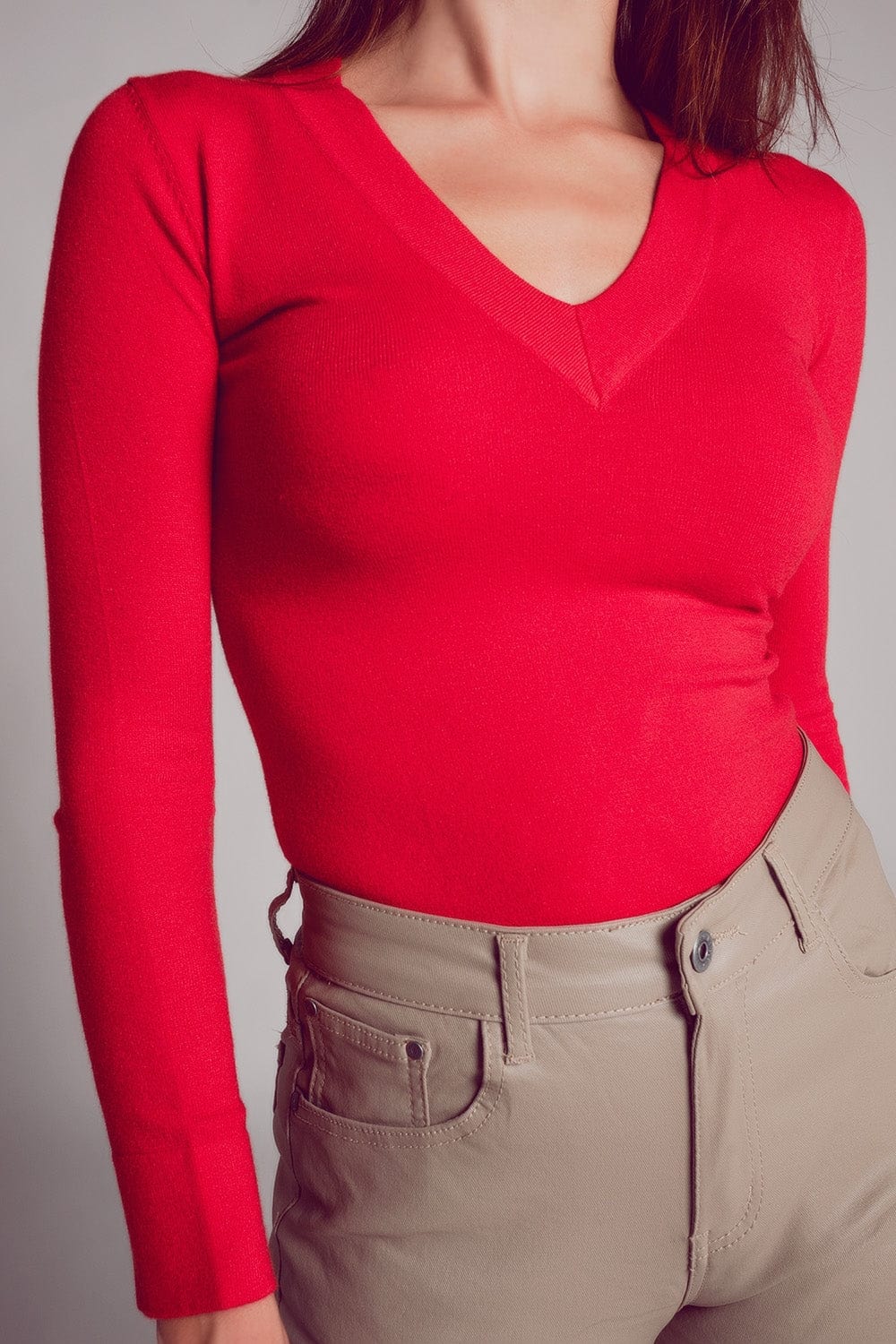 Q2 Women's Sweater V Neck Fine Knit Jumper in Red