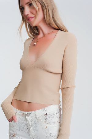 Q2 Women's Sweater V Neck Ribbed Sweater in Beige