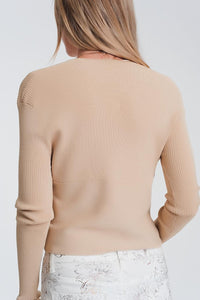 Q2 Women's Sweater V Neck Ribbed Sweater in Beige