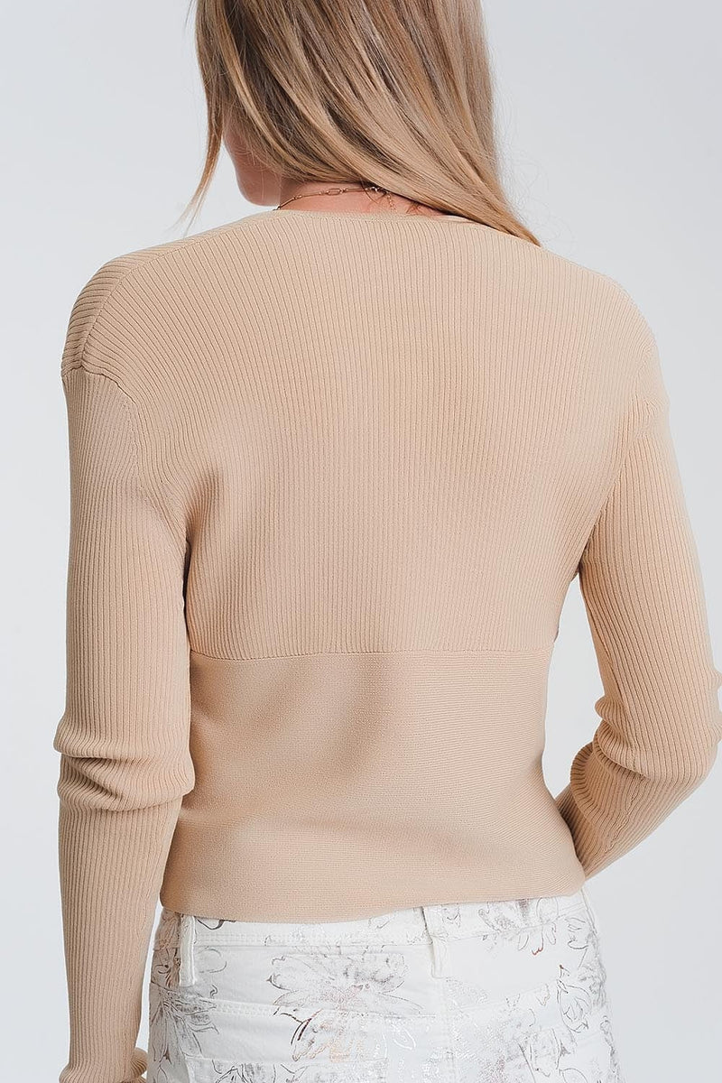 Q2 Women's Sweater V Neck Ribbed Sweater in Beige