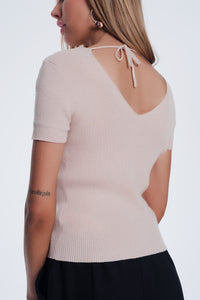 Q2 Women's Sweater V Neck Short Sleeve Jumper in Fine Knit Rib Pink