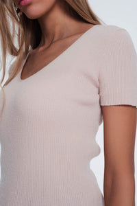 Q2 Women's Sweater V Neck Short Sleeve Jumper in Fine Knit Rib Pink