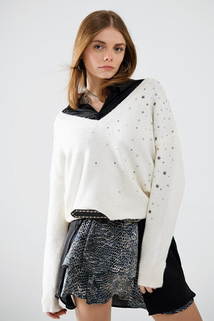 Q2 Women's Sweater V-Neck Sweater Embellished With Metallic Stars