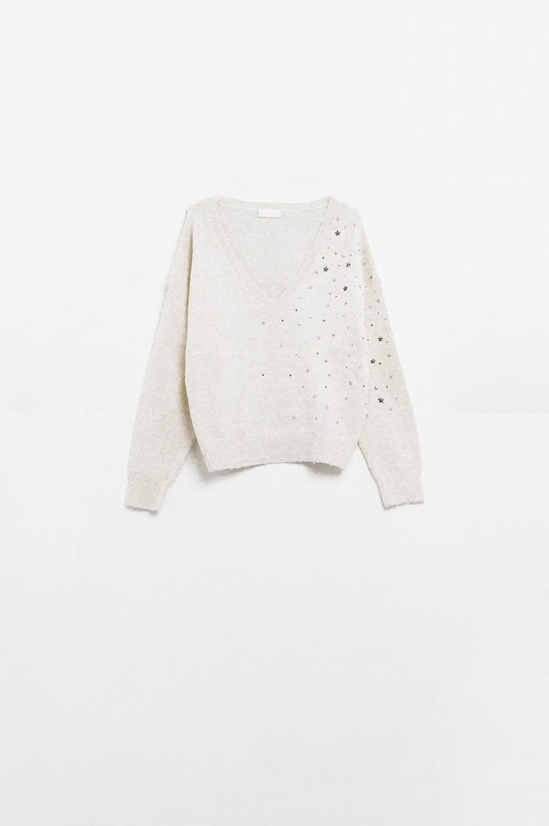 Q2 Women's Sweater V-Neck Sweater Embellished With Metallic Stars