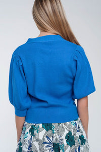 Q2 Women's Sweater Volume Sleeve Cardigan in Blue