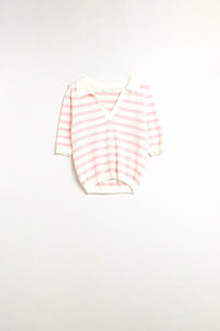 Q2 Women's Sweater White Crop Knitted Polo Top With Pink Stripes