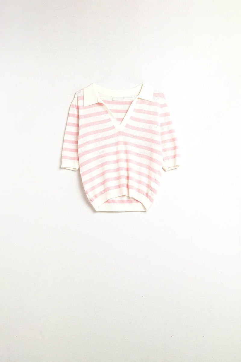 Q2 Women's Sweater White Crop Knitted Polo Top With Pink Stripes