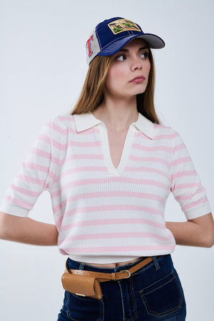 Q2 Women's Sweater White Crop Knitted Polo Top With Pink Stripes