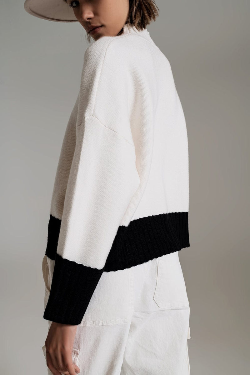 Q2 Women's Sweater White Jumper With Black Ribbed Cuffs And Hem