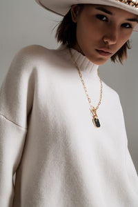 Q2 Women's Sweater White Jumper With Black Ribbed Cuffs And Hem