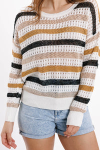 Q2 Women's Sweater White Knit Sweater With Multicolored Stripes