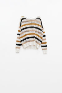 Q2 Women's Sweater White Knit Sweater With Multicolored Stripes
