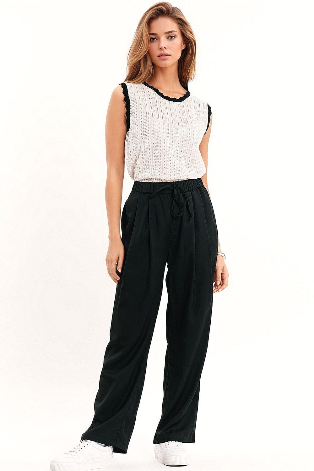 Q2 Women's Sweater White Knitted Pointelle Top With Black Wavy Trim