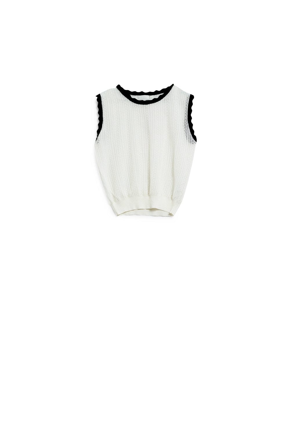 Q2 Women's Sweater White Knitted Pointelle Top With Black Wavy Trim