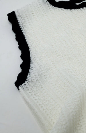 Q2 Women's Sweater White Knitted Pointelle Top With Black Wavy Trim