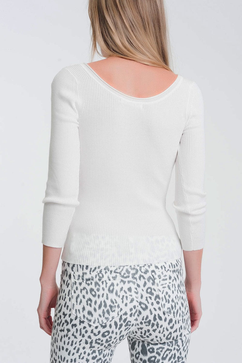 Q2 Women's Sweater White knitted wide neck sweater