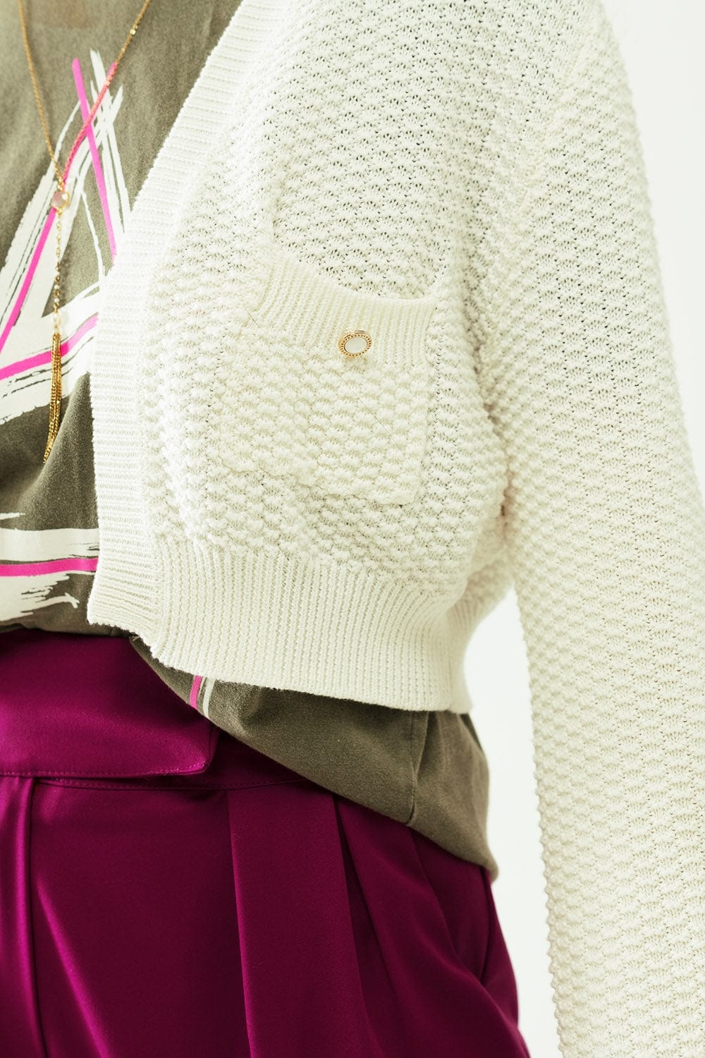 Q2 Women's Sweater White Long Sleeve Cardigan With Button Closure And Front Pockets