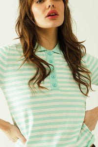 Q2 Women's Sweater White Short Sleeves Polo Shirt With Light Blue Stripes And Frontal Buttons Details