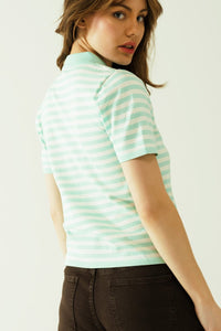Q2 Women's Sweater White Short Sleeves Polo Shirt With Light Blue Stripes And Frontal Buttons Details
