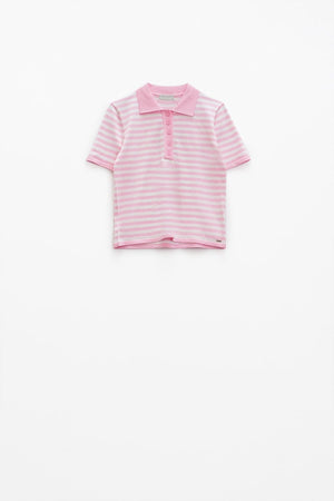 Q2 Women's Sweater White Short Sleeves Polo Shirt With Light Pink Stripes And Frontal Buttons Details