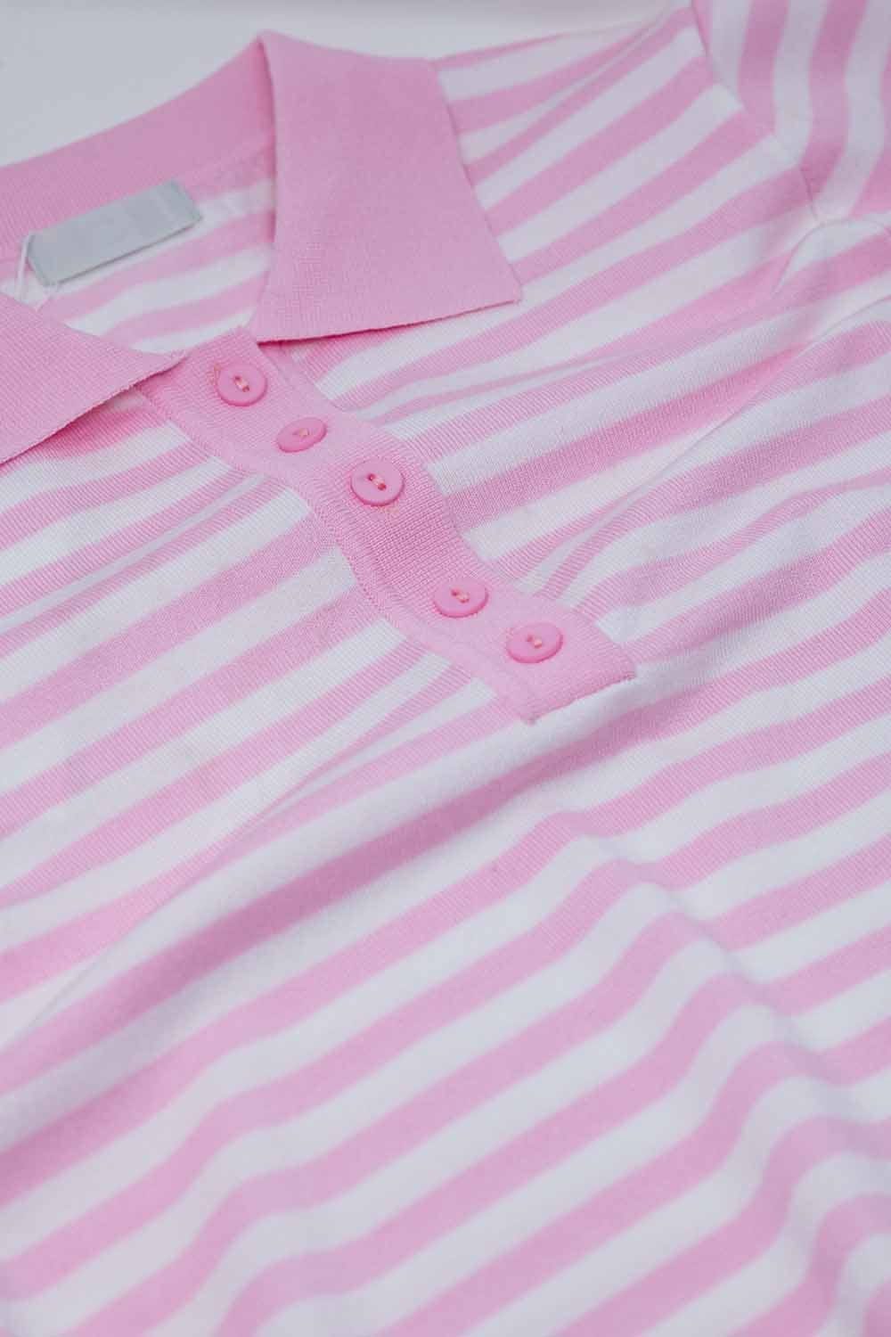 Q2 Women's Sweater White Short Sleeves Polo Shirt With Light Pink Stripes And Frontal Buttons Details