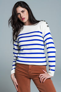 Q2 Women's Sweater White Sweater With Buttons On Shoulders And Blue Stripes