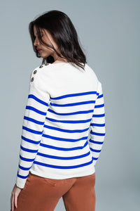 Q2 Women's Sweater White Sweater With Buttons On Shoulders And Blue Stripes