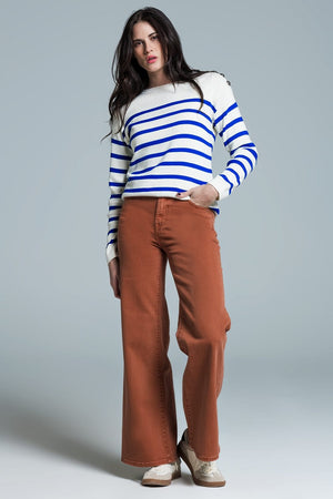 Q2 Women's Sweater White Sweater With Buttons On Shoulders And Blue Stripes