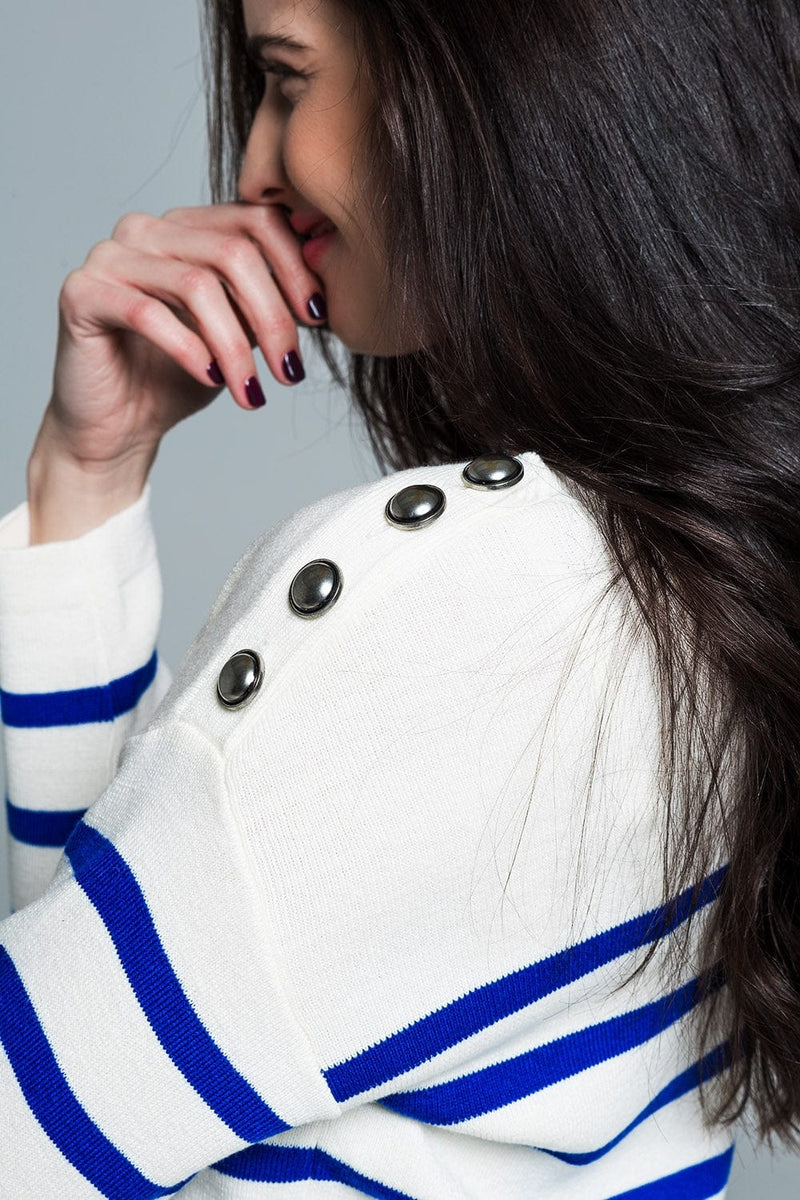 Q2 Women's Sweater White Sweater With Buttons On Shoulders And Blue Stripes