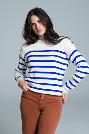 Q2 Women's Sweater White Sweater With Buttons On Shoulders And Blue Stripes