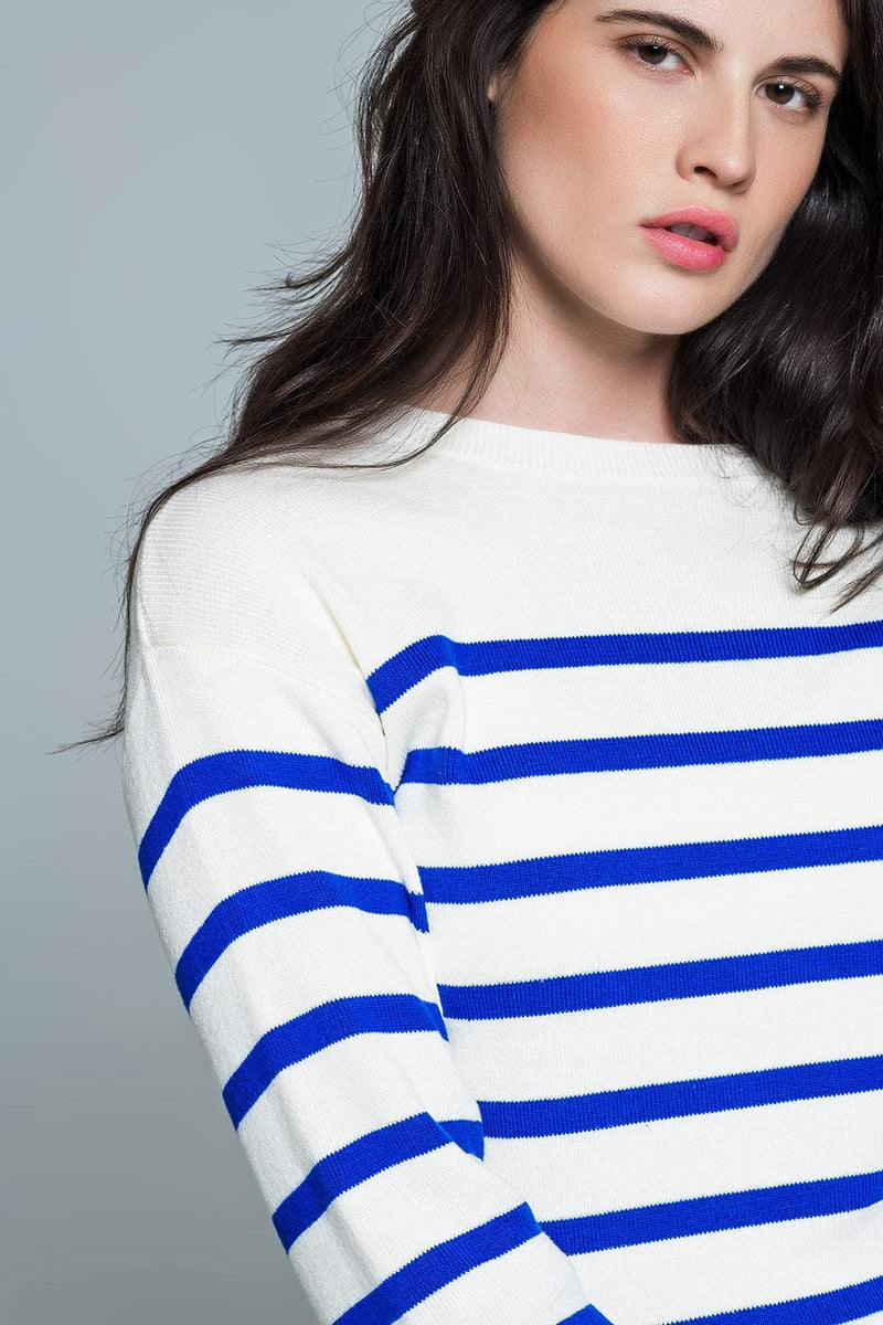 Q2 Women's Sweater White Sweater With Buttons On Shoulders And Blue Stripes