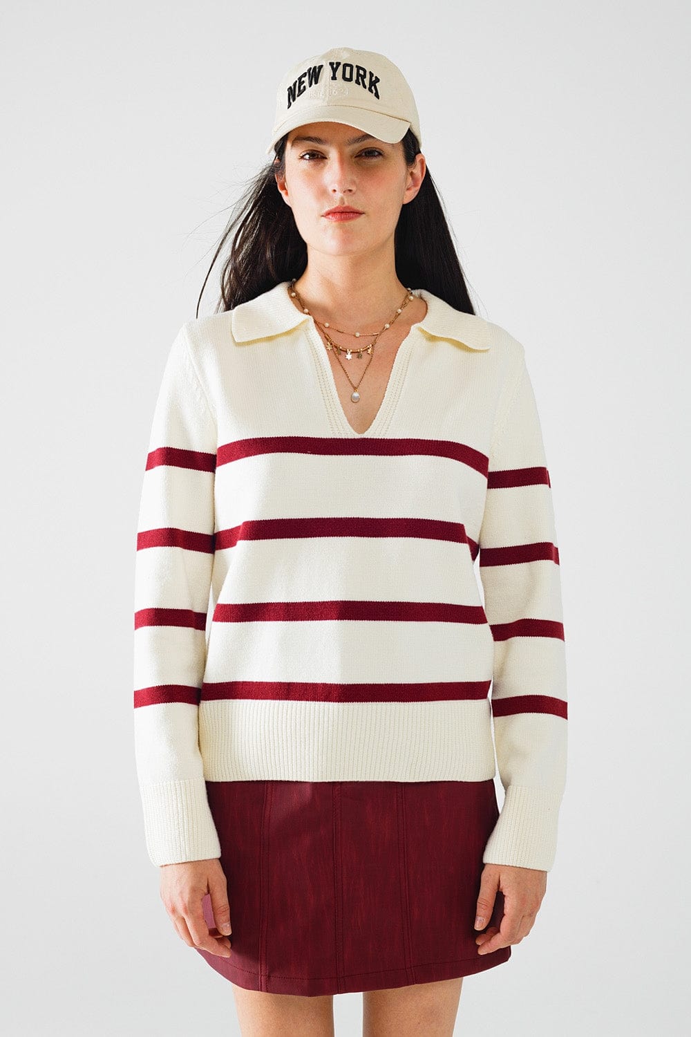 Q2 Women's Sweater White Sweater With Dark Red Stripes And Wide V Neck