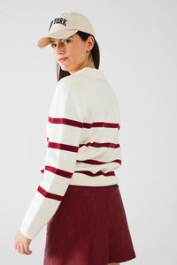 Q2 Women's Sweater White Sweater With Dark Red Stripes And Wide V Neck