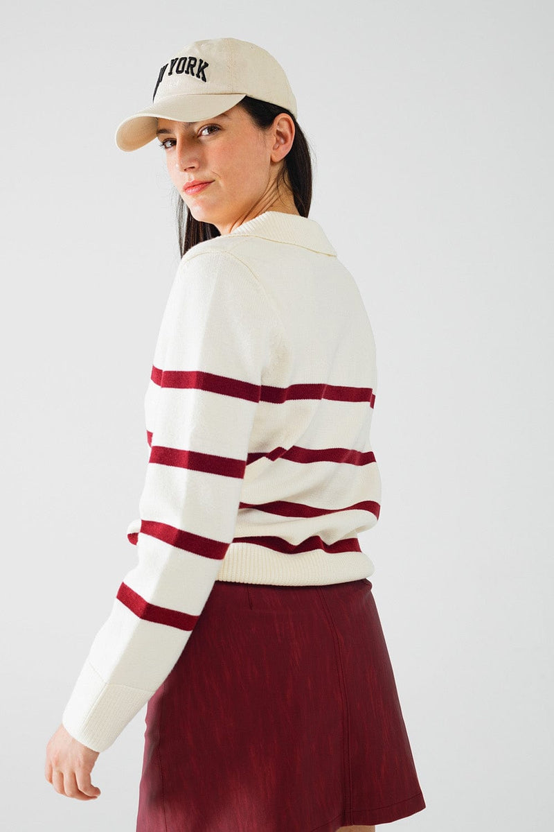 Q2 Women's Sweater White Sweater With Dark Red Stripes And Wide V Neck