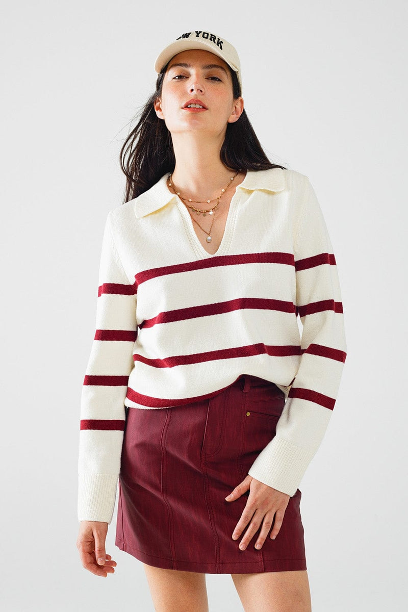 Q2 Women's Sweater White Sweater With Dark Red Stripes And Wide V Neck