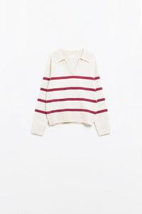 Q2 Women's Sweater White Sweater With Dark Red Stripes And Wide V Neck