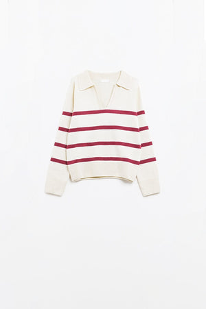 Q2 Women's Sweater White Sweater With Dark Red Stripes And Wide V Neck