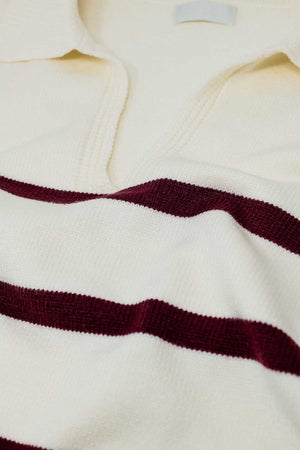 Q2 Women's Sweater White Sweater With Dark Red Stripes And Wide V Neck