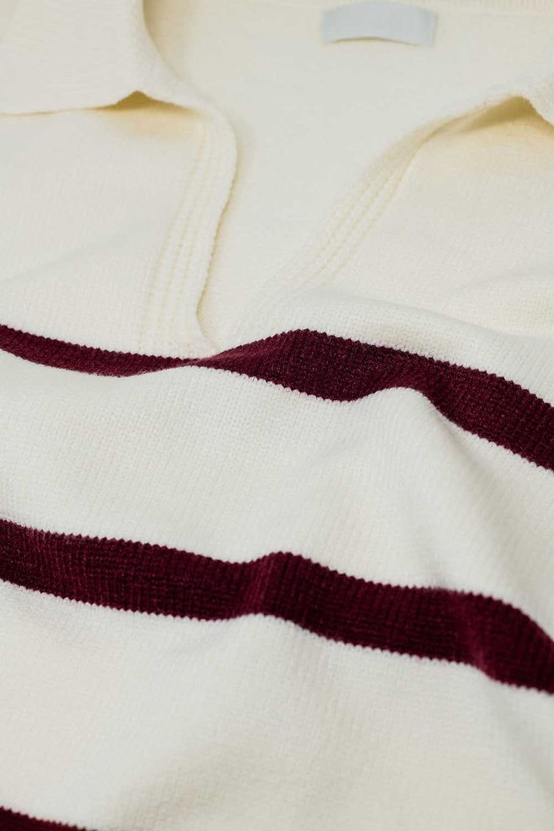 Q2 Women's Sweater White Sweater With Dark Red Stripes And Wide V Neck