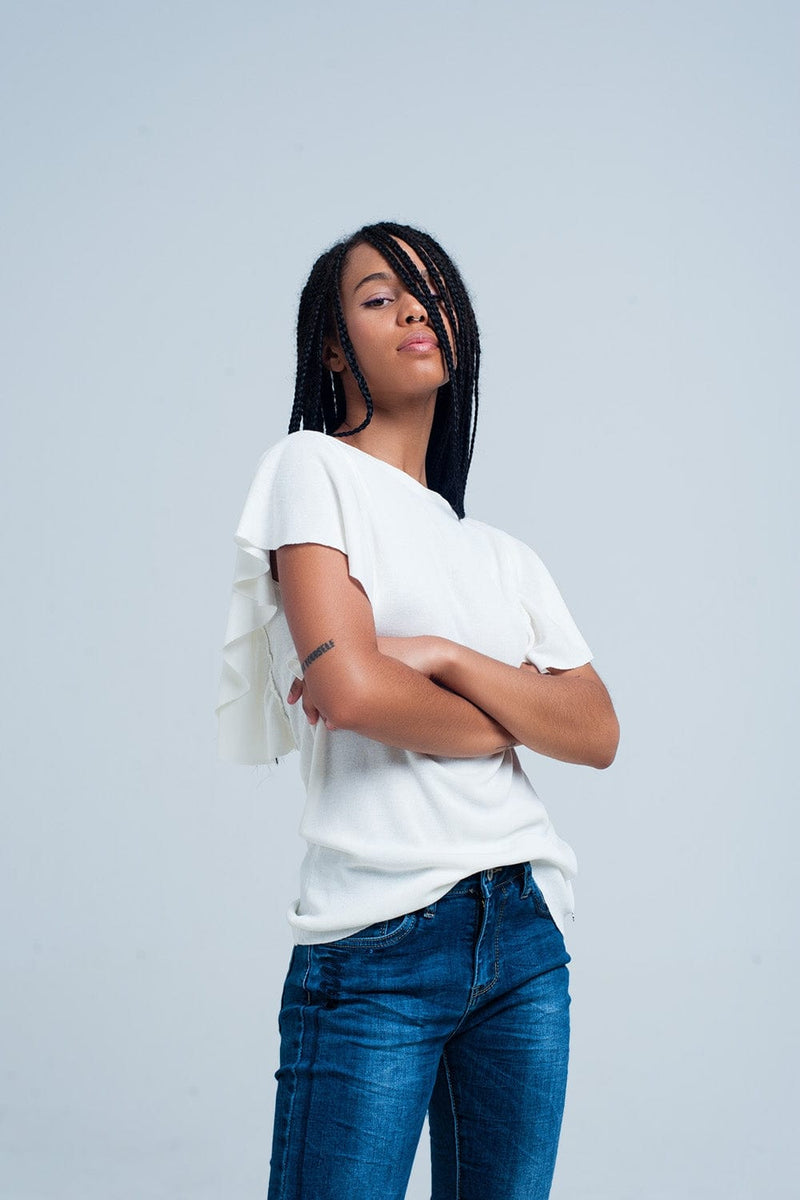 Q2 Women's Sweater White sweater with ruffles