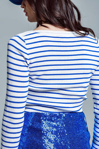 Q2 Women's Sweater White Thin Sweater With Blue Stripes