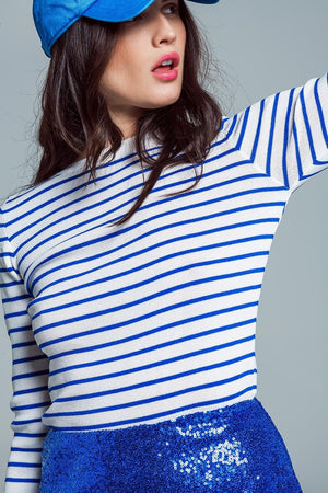 Q2 Women's Sweater White Thin Sweater With Blue Stripes