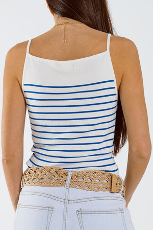 Q2 Women's Sweater White Top With Blue Stripes And Thin Straps