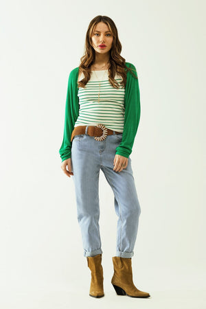 Q2 Women's Sweater White Top With Green Stripes And Thin Straps