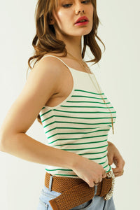 Q2 Women's Sweater White Top With Green Stripes And Thin Straps