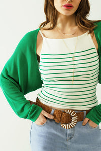 Q2 Women's Sweater White Top With Green Stripes And Thin Straps